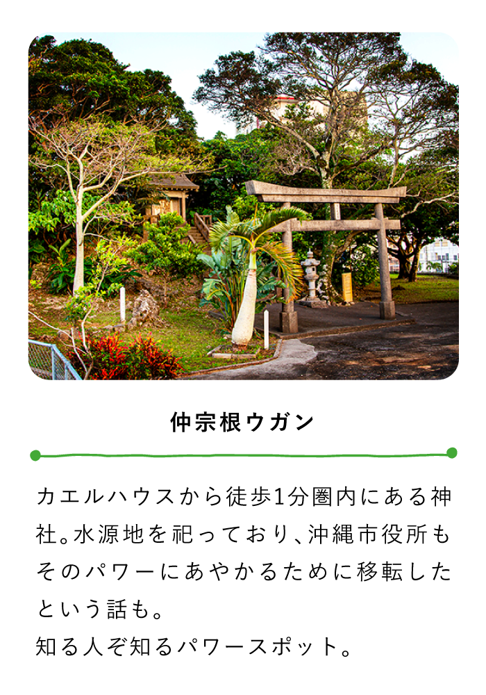 仲宗根ウガン〜カエルハウスから徒歩1分圏内にある神社。水源地を祀っており、沖縄市役所もそのパワーにあやかるために移転したという話も。
知る人ぞ知るパワースポット。